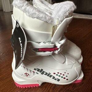 Alpina Kids White Ski Boots with Pink Accents